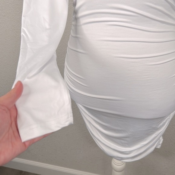 White Ruched V-Neck Special Occasion Midi Dress Size Small - Picture 3 of 5